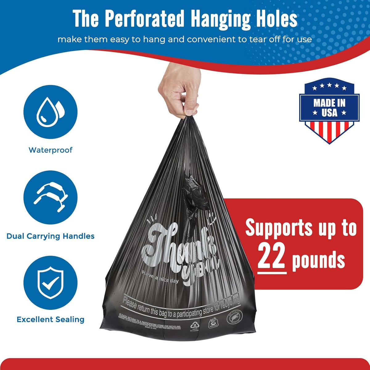 Plastic Bags Thank You Shopping Grocery T-Shirt Bag with Handles | 11.5 x 6.5 x 21" Take Out, To Go, Retail, Restaurants, Store Bags for Small Business in Bulk White (Made in USA)