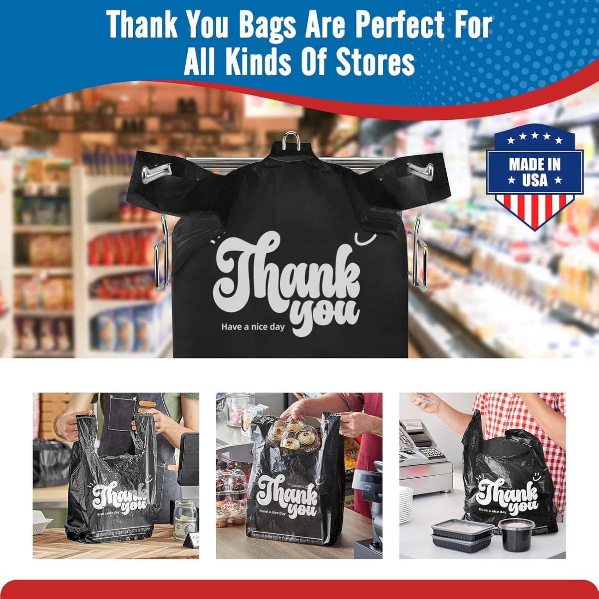 Plastic Bags Thank You Shopping Grocery T-Shirt Bag with Handles | 11.5 x 6.5 x 21" Take Out, To Go, Retail, Restaurants, Store Bags for Small Business in Bulk White (Made in USA)