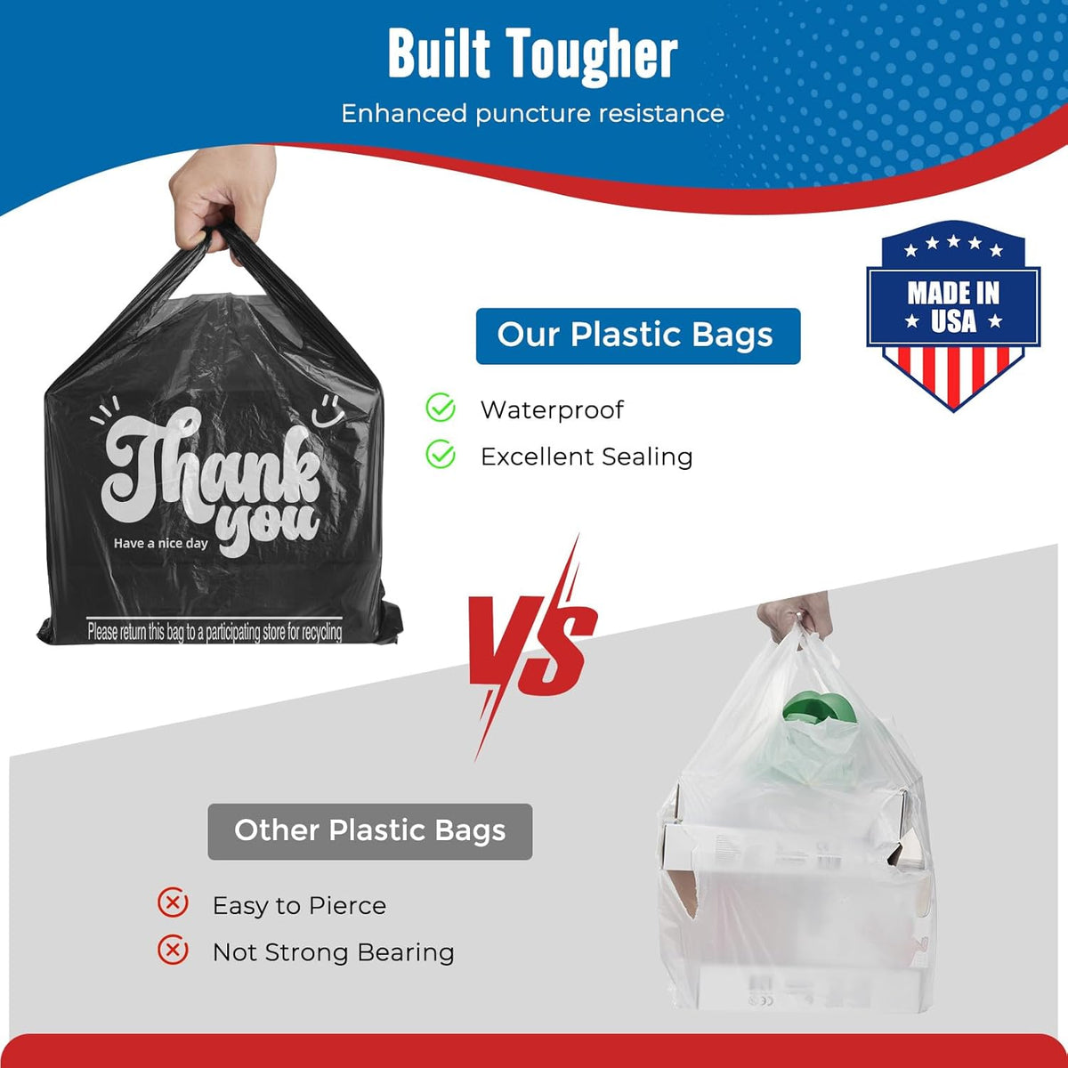 Plastic Bags Thank You Shopping Grocery T-Shirt Bag with Handles | 11.5 x 6.5 x 21" Take Out, To Go, Retail, Restaurants, Store Bags for Small Business in Bulk White (Made in USA)