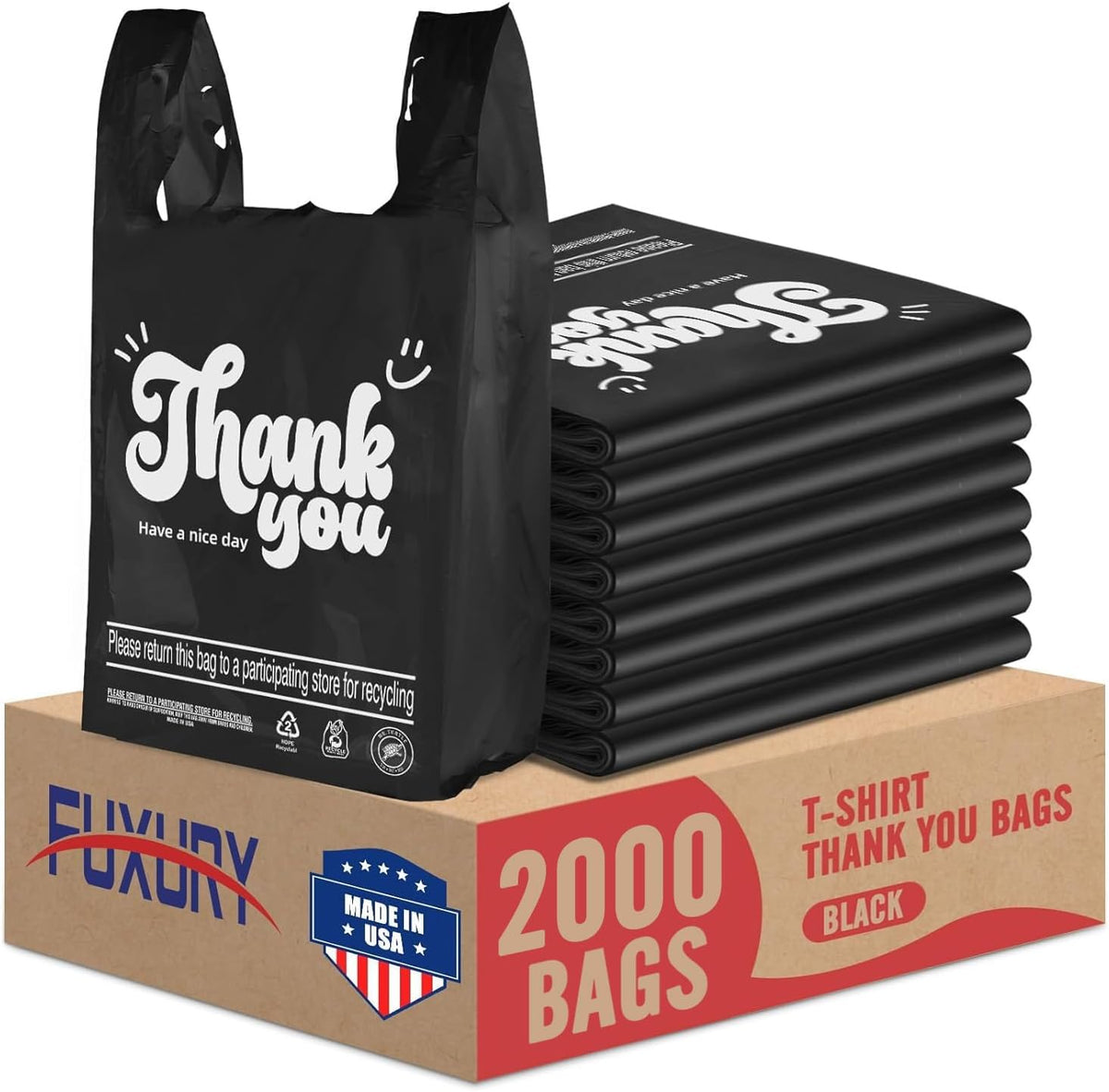 Plastic Bags Thank You Shopping Grocery T-Shirt Bag with Handles | 11.5 x 6.5 x 21" Take Out, To Go, Retail, Restaurants, Store Bags for Small Business in Bulk White (Made in USA)