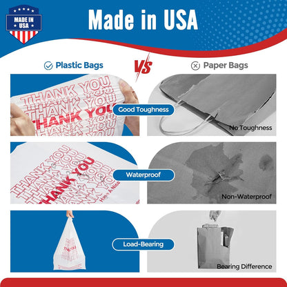 Plastic Bags Thank You Shopping Grocery T-Shirt Bag with Handles | 11.5 x 6.5 x 21" Take Out, To Go, Retail, Restaurants, Store Bags for Small Business in Bulk White (Made in USA)