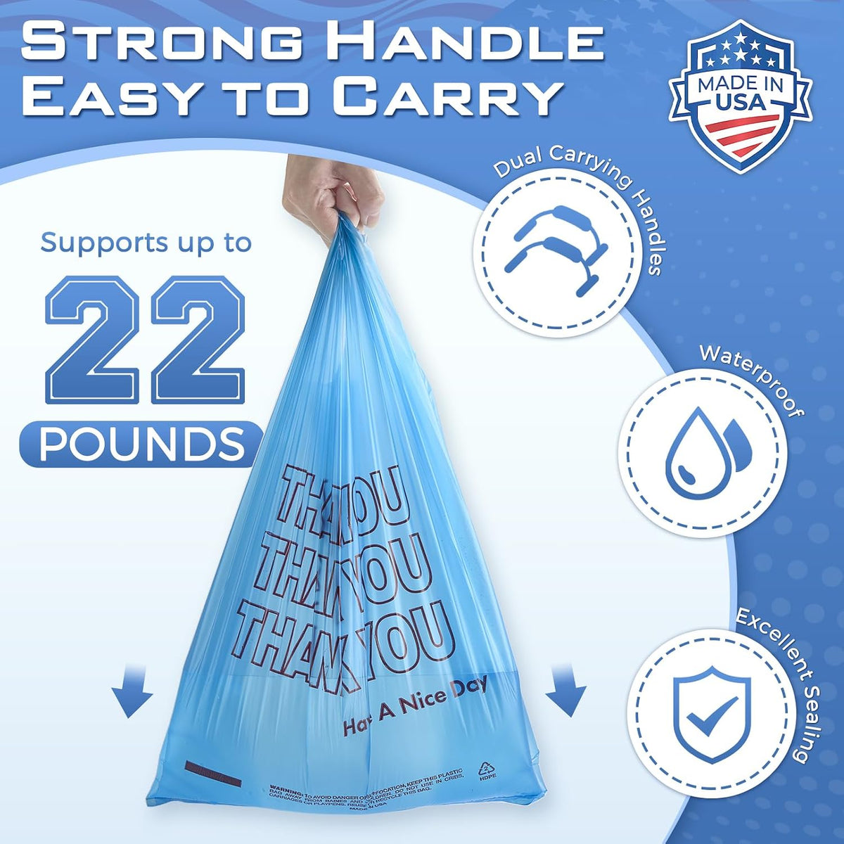 Plastic Bags Thank You Shopping Grocery T-Shirt Bag with Handles | 11.5 x 6.5 x 21" Take Out, To Go, Retail, Restaurants, Store Bags for Small Business in Bulk White (Made in USA)