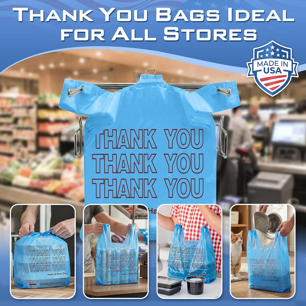 Plastic Bags Thank You Shopping Grocery T-Shirt Bag with Handles | 11.5 x 6.5 x 21" Take Out, To Go, Retail, Restaurants, Store Bags for Small Business in Bulk White (Made in USA)