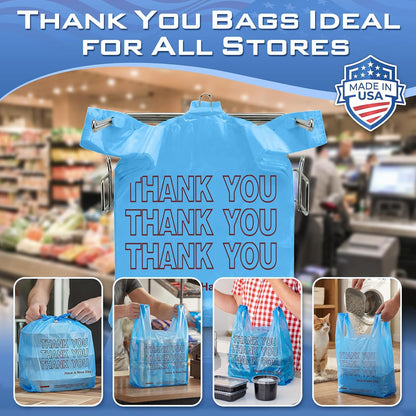 Plastic Bags Thank You Shopping Grocery T-Shirt Bag with Handles | 11.5 x 6.5 x 21" Take Out, To Go, Retail, Restaurants, Store Bags for Small Business in Bulk White (Made in USA)