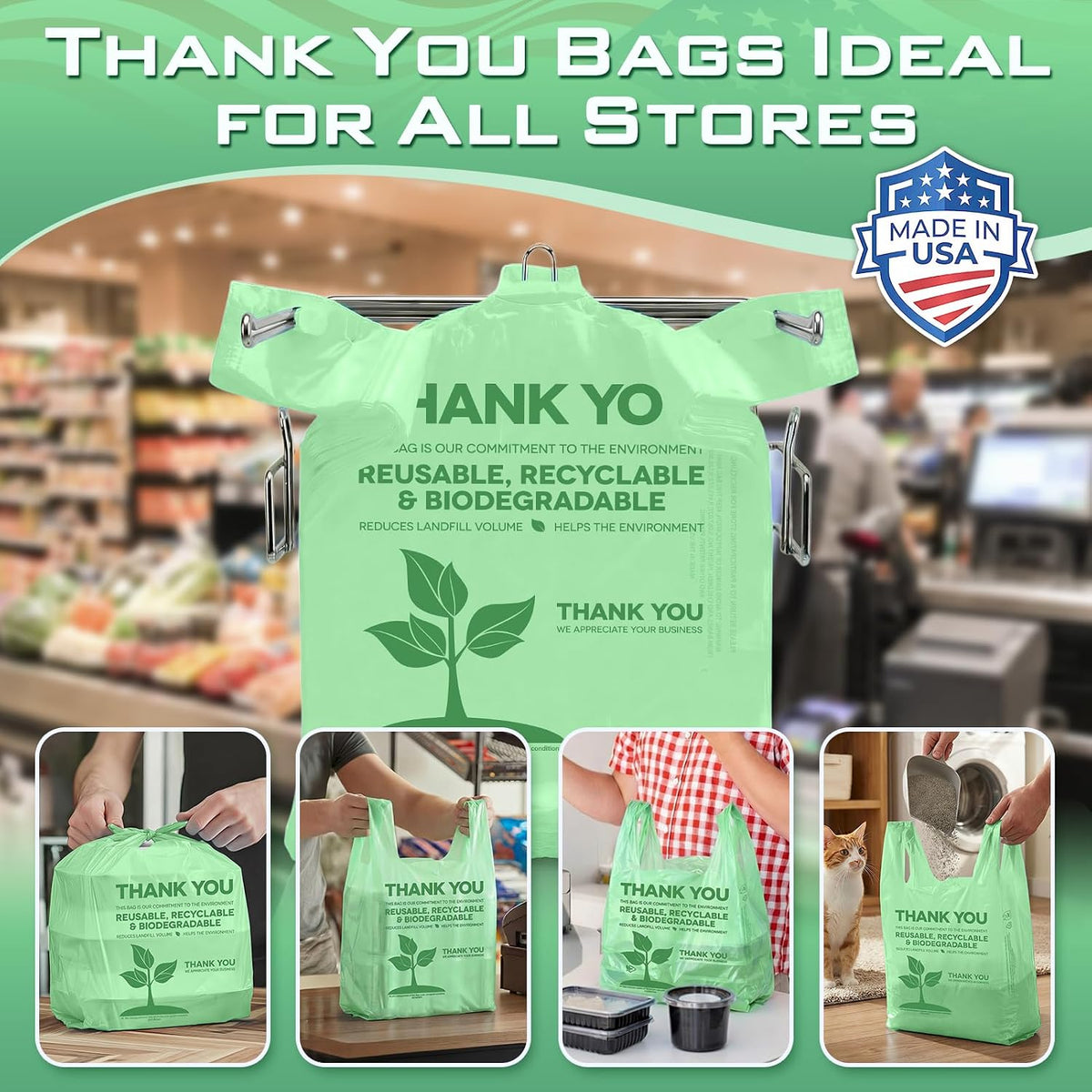Plastic Bags Thank You Shopping Grocery T-Shirt Bag with Handles | 11.5 x 6.5 x 21" Take Out, To Go, Retail, Restaurants, Store Bags for Small Business in Bulk White (Made in USA)