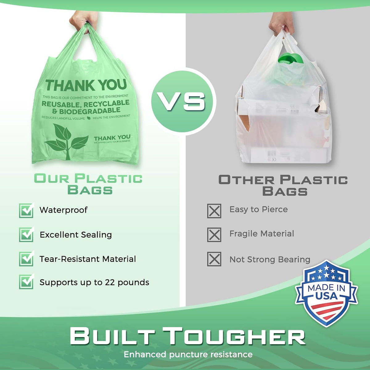 Plastic Bags Thank You Shopping Grocery T-Shirt Bag with Handles | 11.5 x 6.5 x 21" Take Out, To Go, Retail, Restaurants, Store Bags for Small Business in Bulk White (Made in USA)