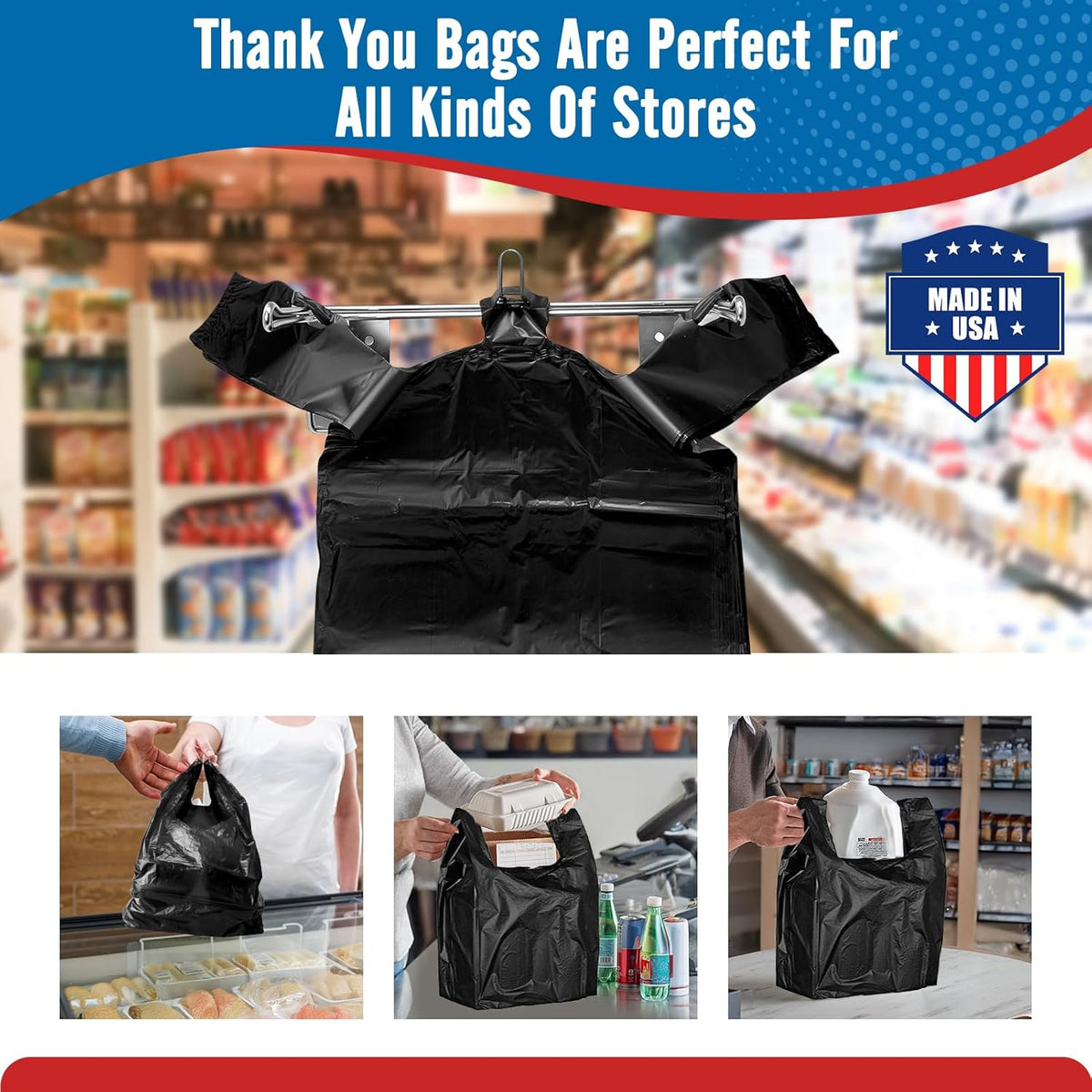Plastic Bags Thank You Shopping Grocery T-Shirt Bag with Handles | 11.5 x 6.5 x 21" Take Out, To Go, Retail, Restaurants, Store Bags for Small Business in Bulk White (Made in USA)