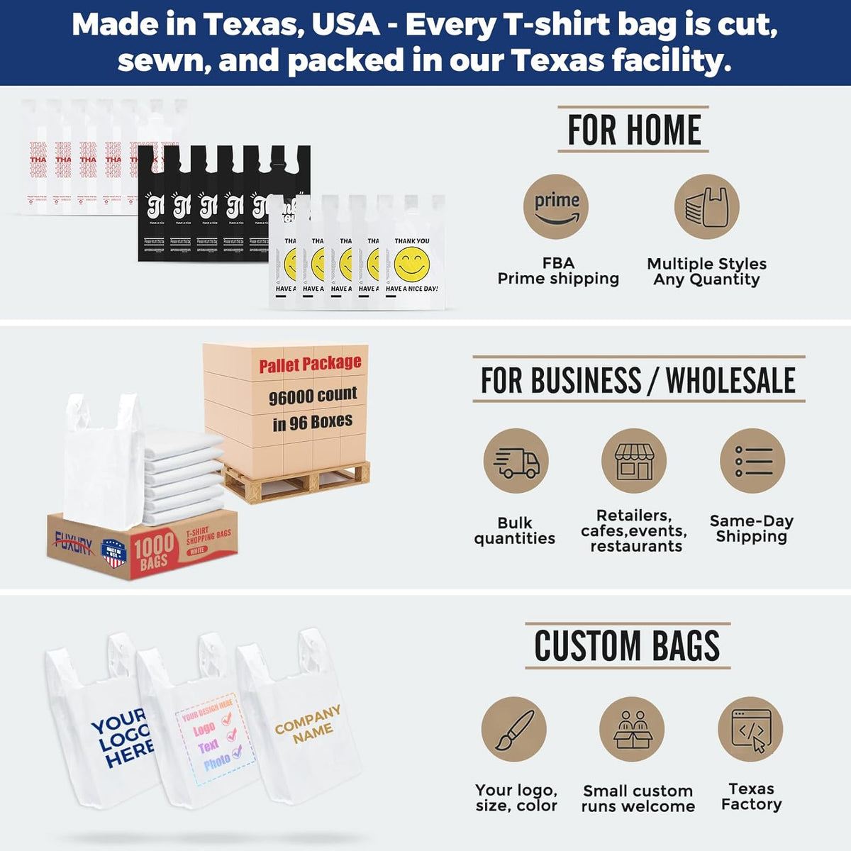 Plastic Bags Thank You Shopping Grocery T-Shirt Bag with Handles | 11.5 x 6.5 x 21" Take Out, To Go, Retail, Restaurants, Store Bags for Small Business in Bulk White (Made in USA)