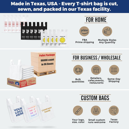 Plastic Bags Thank You Shopping Grocery T-Shirt Bag with Handles | 11.5 x 6.5 x 21" Take Out, To Go, Retail, Restaurants, Store Bags for Small Business in Bulk White (Made in USA)