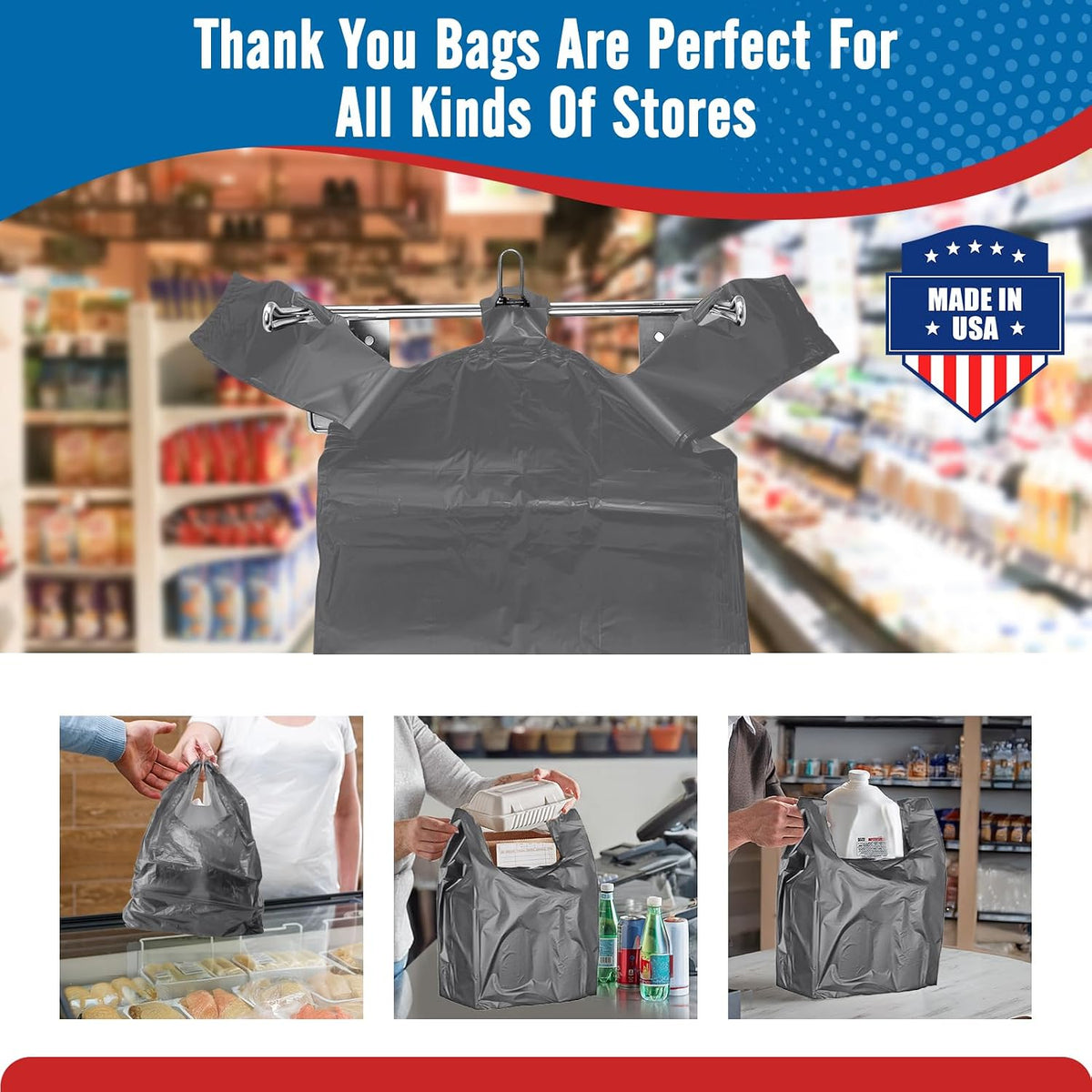Plastic Bags Thank You Shopping Grocery T-Shirt Bag with Handles | 11.5 x 6.5 x 21" Take Out, To Go, Retail, Restaurants, Store Bags for Small Business in Bulk White (Made in USA)