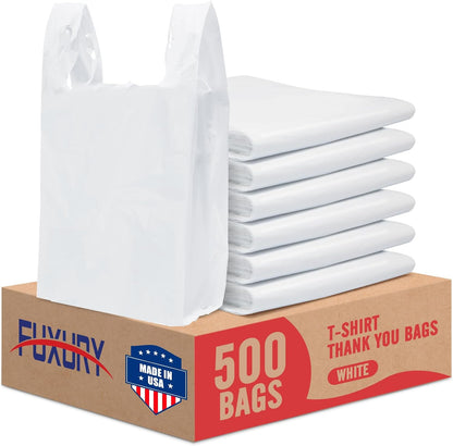 Plastic Bags Thank You Shopping Grocery T-Shirt Bag with Handles | 11.5 x 6.5 x 21" Take Out, To Go, Retail, Restaurants, Store Bags for Small Business in Bulk White (Made in USA)