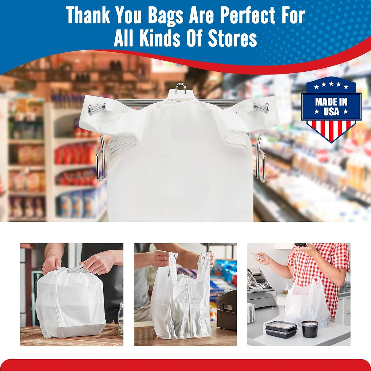Plastic Bags Thank You Shopping Grocery T-Shirt Bag with Handles | 11.5 x 6.5 x 21" Take Out, To Go, Retail, Restaurants, Store Bags for Small Business in Bulk White (Made in USA)