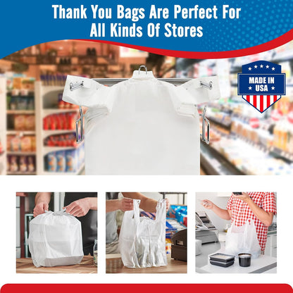 Plastic Bags Thank You Shopping Grocery T-Shirt Bag with Handles | 11.5 x 6.5 x 21" Take Out, To Go, Retail, Restaurants, Store Bags for Small Business in Bulk White (Made in USA)