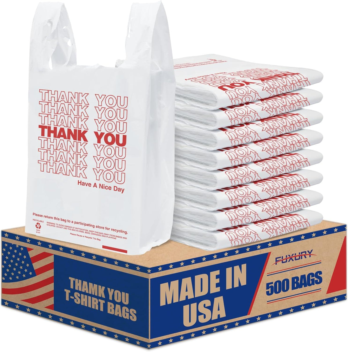 Plastic Bags Thank You Shopping Grocery T-Shirt Bag with Handles | 11.5 x 6.5 x 21" Take Out, To Go, Retail, Restaurants, Store Bags for Small Business in Bulk White (Made in USA)