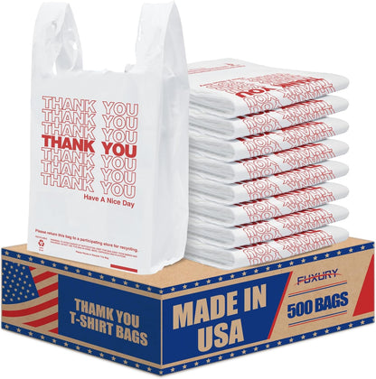 Plastic Bags Thank You Shopping Grocery T-Shirt Bag with Handles | 11.5 x 6.5 x 21" Take Out, To Go, Retail, Restaurants, Store Bags for Small Business in Bulk White (Made in USA)