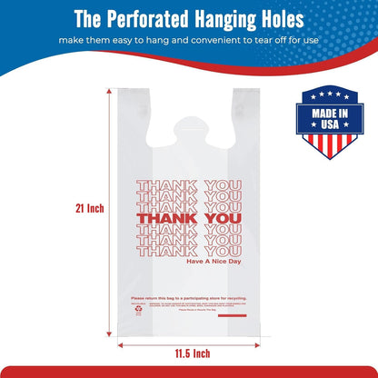 Plastic Bags Thank You Shopping Grocery T-Shirt Bag with Handles | 11.5 x 6.5 x 21" Take Out, To Go, Retail, Restaurants, Store Bags for Small Business in Bulk White (Made in USA)