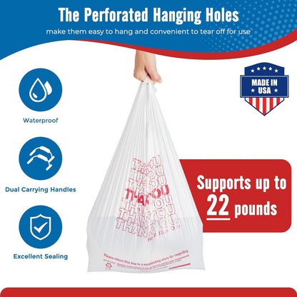 Plastic Bags Thank You Shopping Grocery T-Shirt Bag with Handles | 11.5 x 6.5 x 21" Take Out, To Go, Retail, Restaurants, Store Bags for Small Business in Bulk White (Made in USA)