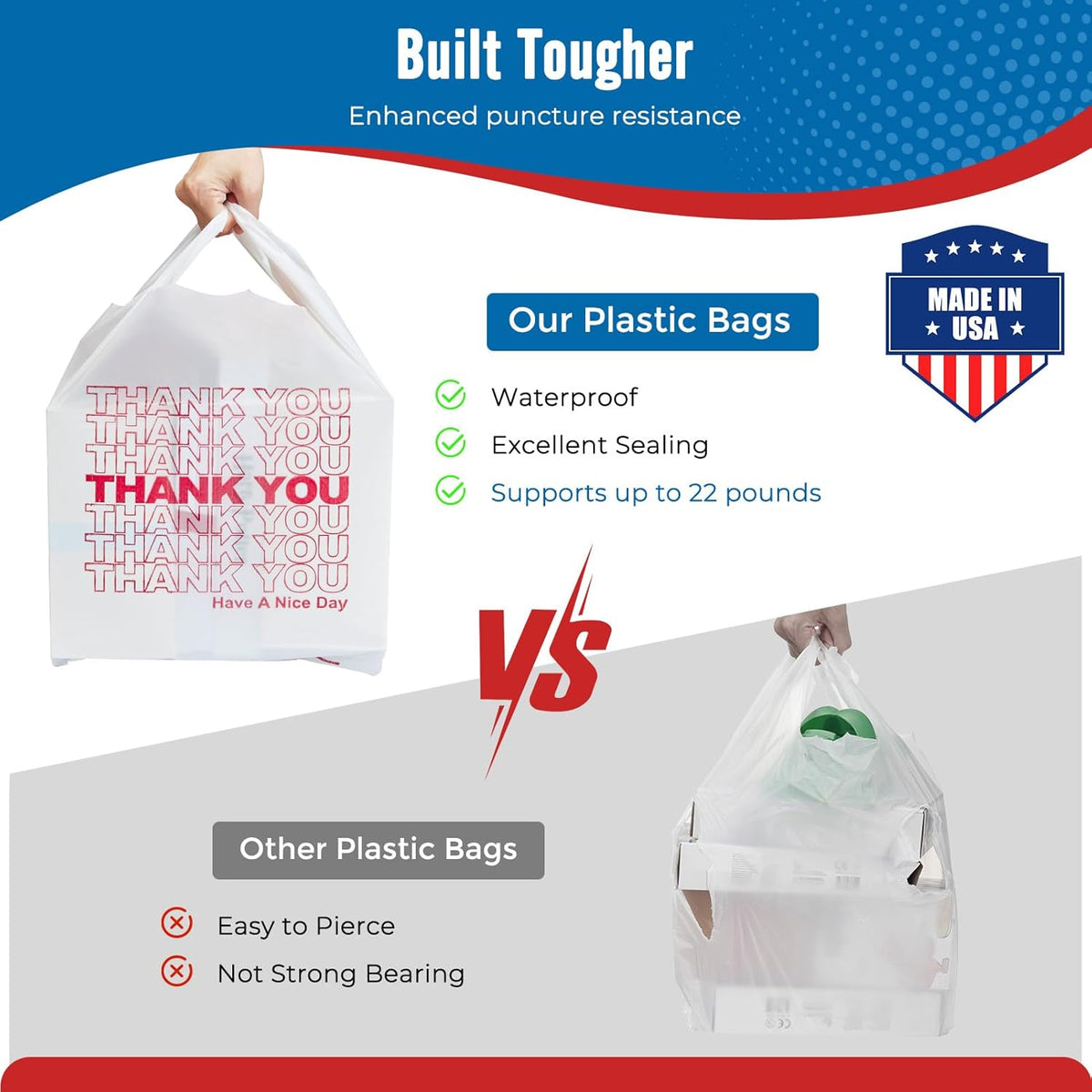 Plastic Bags Thank You Shopping Grocery T-Shirt Bag with Handles | 11.5 x 6.5 x 21" Take Out, To Go, Retail, Restaurants, Store Bags for Small Business in Bulk White (Made in USA)