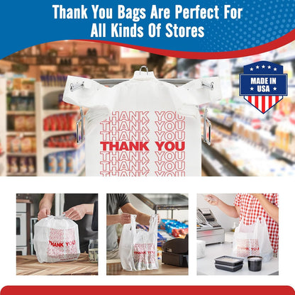 Plastic Bags Thank You Shopping Grocery T-Shirt Bag with Handles | 11.5 x 6.5 x 21" Take Out, To Go, Retail, Restaurants, Store Bags for Small Business in Bulk White (Made in USA)