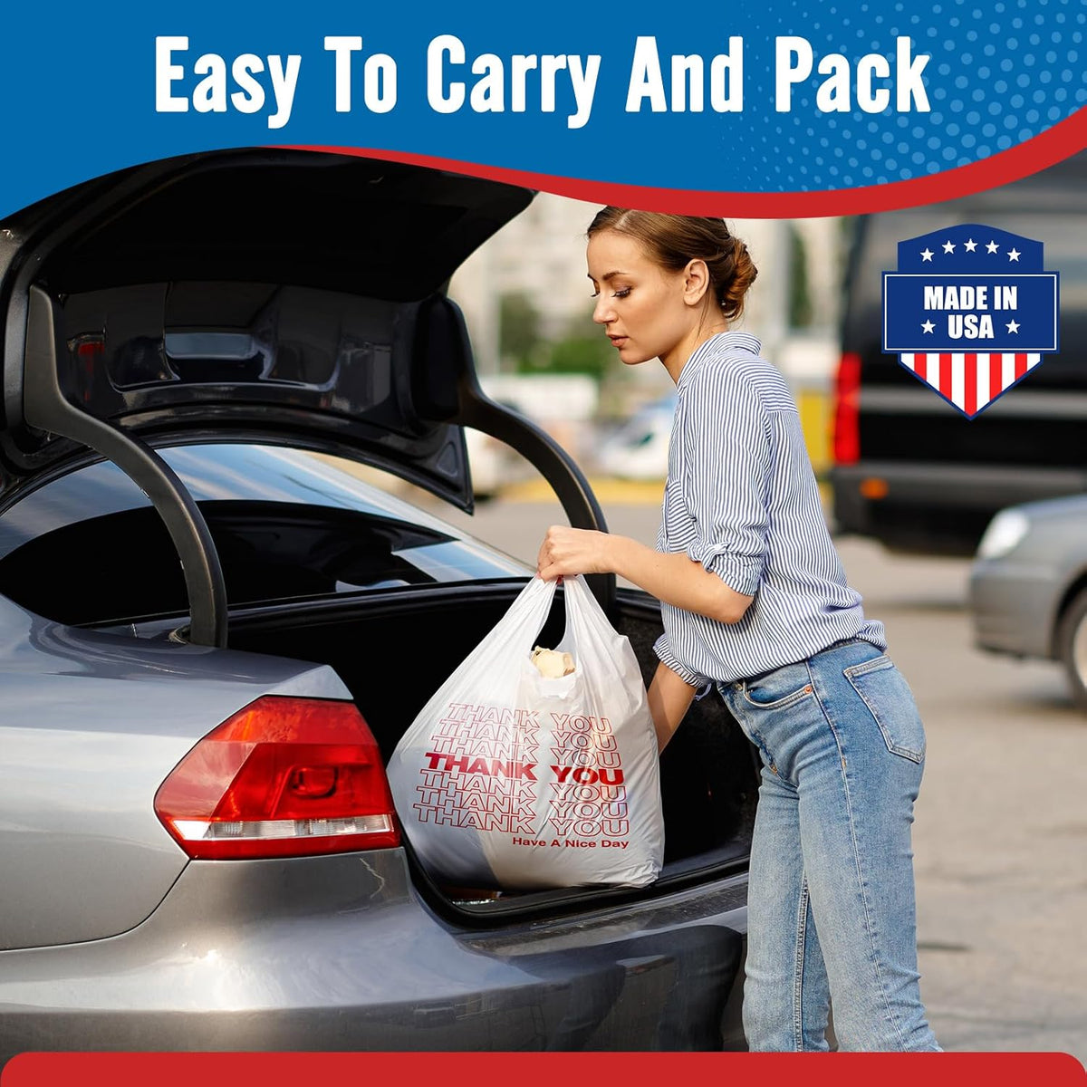 Plastic Bags Thank You Shopping Grocery T-Shirt Bag with Handles | 11.5 x 6.5 x 21" Take Out, To Go, Retail, Restaurants, Store Bags for Small Business in Bulk White (Made in USA)