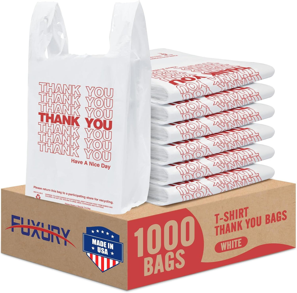 Plastic Bags Thank You Shopping Grocery T-Shirt Bag with Handles | 11.5 x 6.5 x 21" Take Out, To Go, Retail, Restaurants, Store Bags for Small Business in Bulk White (Made in USA)