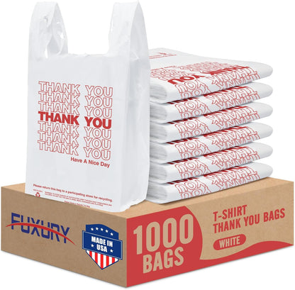 Plastic Bags Thank You Shopping Grocery T-Shirt Bag with Handles | 11.5 x 6.5 x 21" Take Out, To Go, Retail, Restaurants, Store Bags for Small Business in Bulk White (Made in USA)