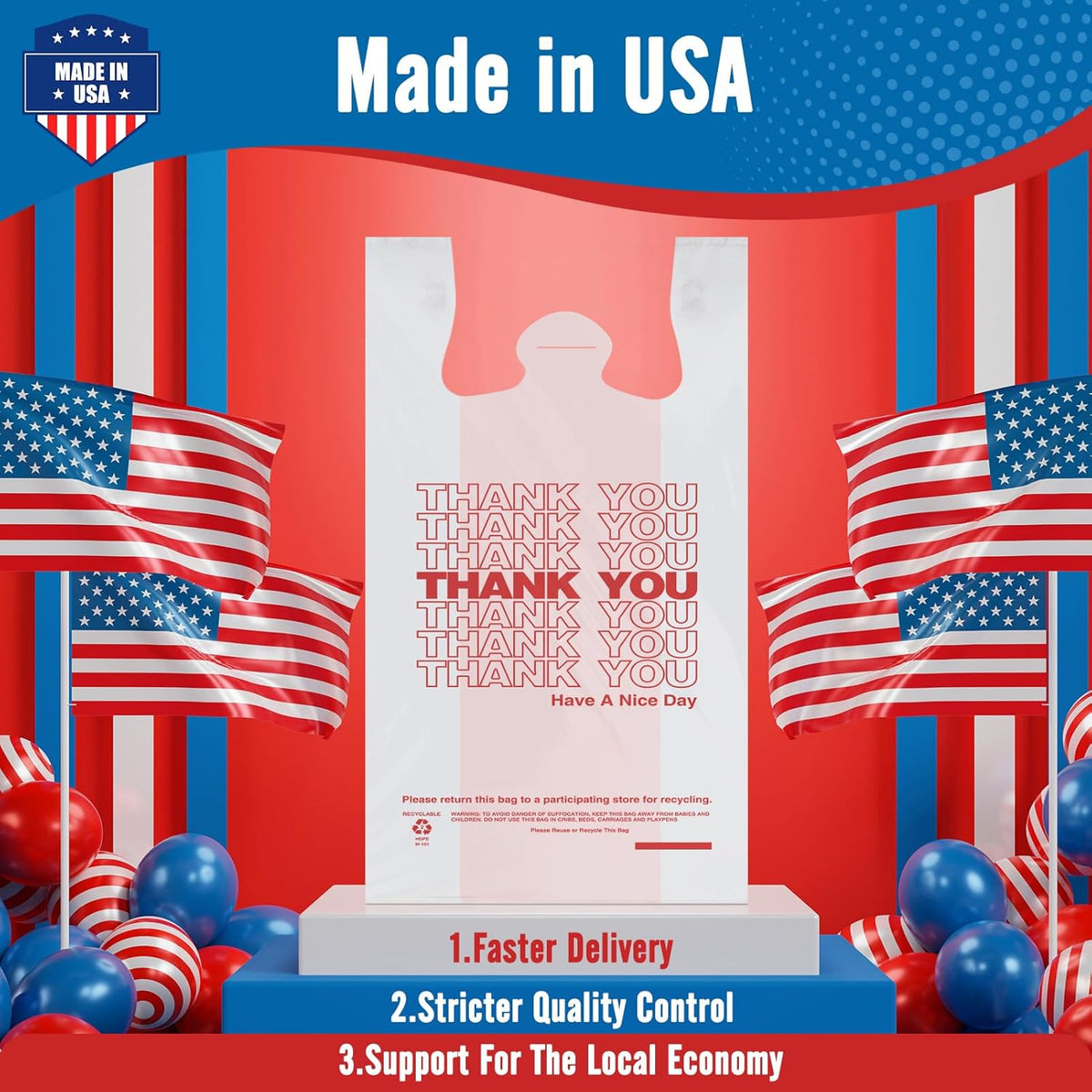 Plastic Bags Thank You Shopping Grocery T-Shirt Bag with Handles | 11.5 x 6.5 x 21" Take Out, To Go, Retail, Restaurants, Store Bags for Small Business in Bulk White (Made in USA)