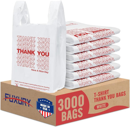 Plastic Bags Thank You Shopping Grocery T-Shirt Bag with Handles | 11.5 x 6.5 x 21" Take Out, To Go, Retail, Restaurants, Store Bags for Small Business in Bulk White (Made in USA)