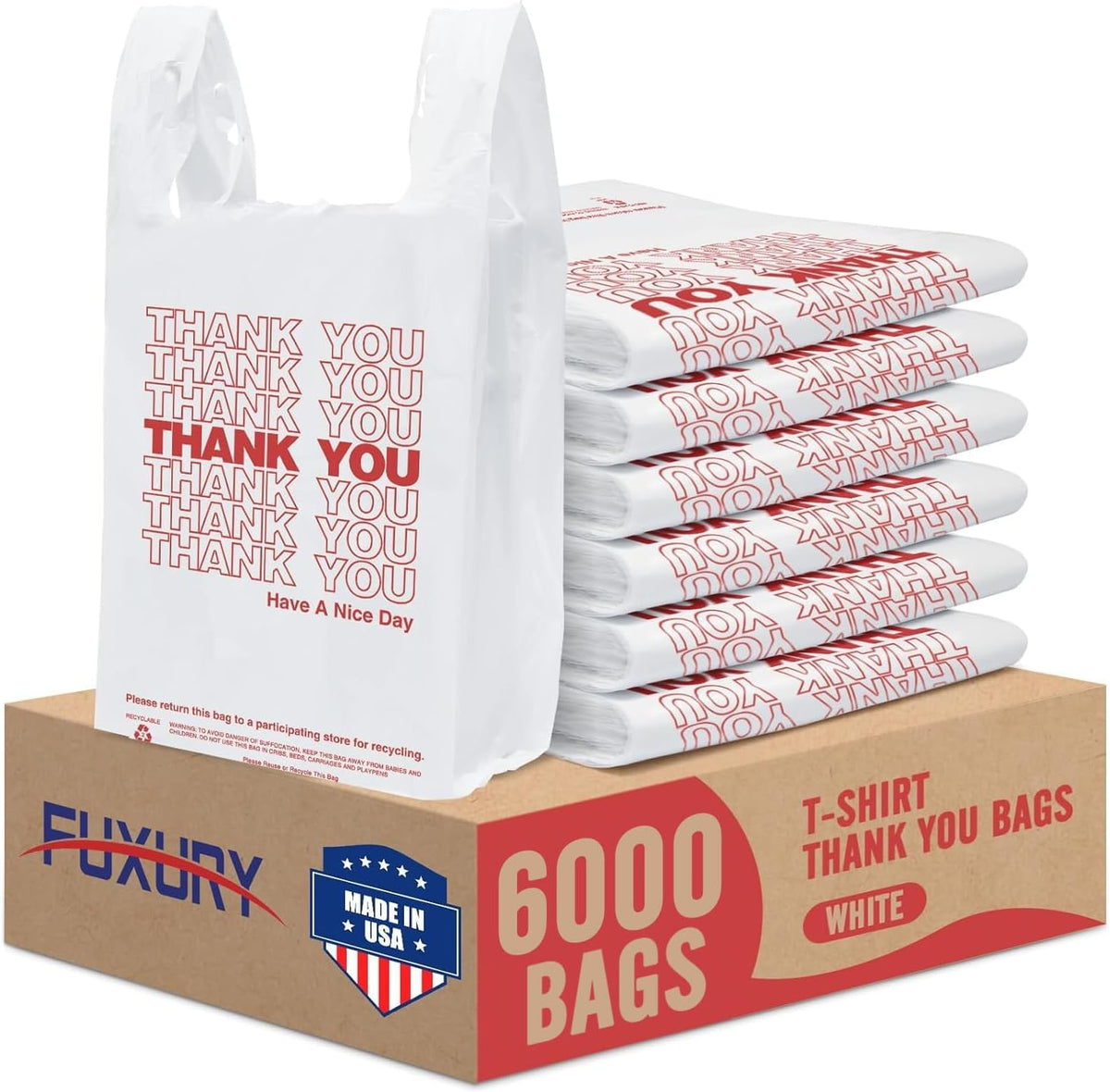 Plastic Bags Thank You Shopping Grocery T-Shirt Bag with Handles | 11.5 x 6.5 x 21" Take Out, To Go, Retail, Restaurants, Store Bags for Small Business in Bulk White (Made in USA)