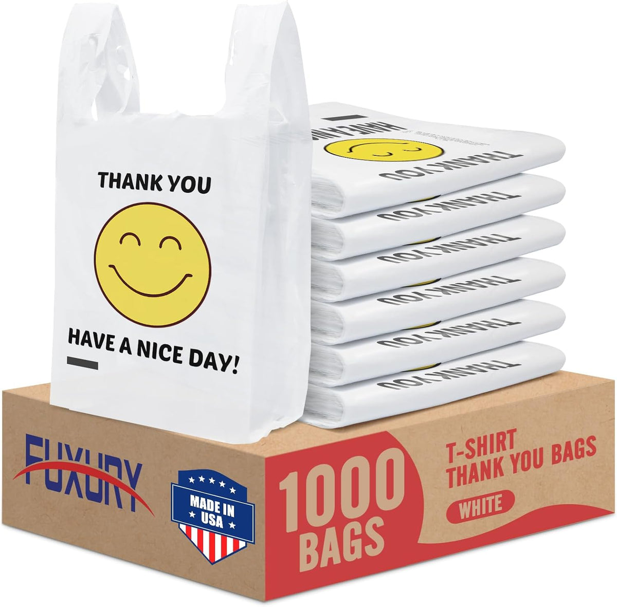 Plastic Bags Thank You Shopping Grocery T-Shirt Bag with Handles | 11.5 x 6.5 x 21" Take Out, To Go, Retail, Restaurants, Store Bags for Small Business in Bulk White (Made in USA)