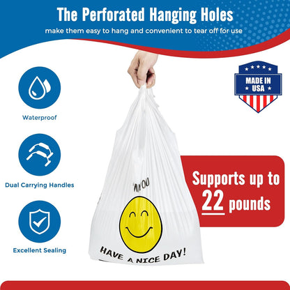Plastic Bags Thank You Shopping Grocery T-Shirt Bag with Handles | 11.5 x 6.5 x 21" Take Out, To Go, Retail, Restaurants, Store Bags for Small Business in Bulk White (Made in USA)