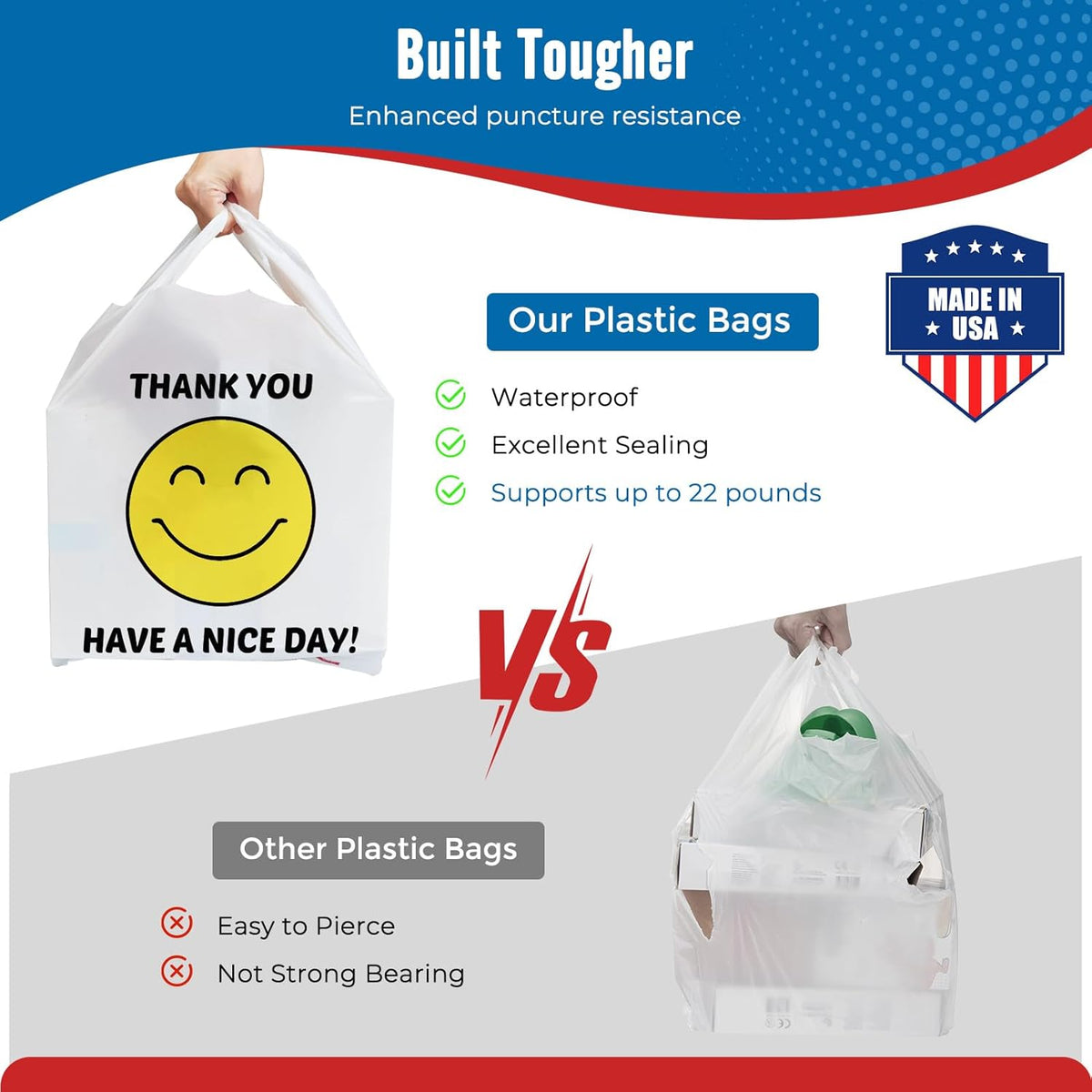 Plastic Bags Thank You Shopping Grocery T-Shirt Bag with Handles | 11.5 x 6.5 x 21" Take Out, To Go, Retail, Restaurants, Store Bags for Small Business in Bulk White (Made in USA)