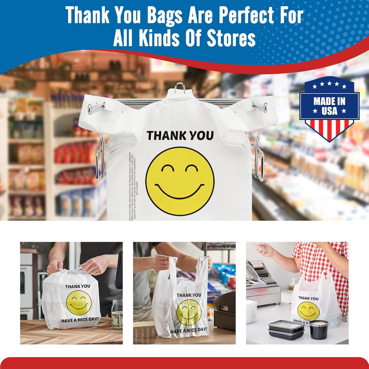 Plastic Bags Thank You Shopping Grocery T-Shirt Bag with Handles | 11.5 x 6.5 x 21" Take Out, To Go, Retail, Restaurants, Store Bags for Small Business in Bulk White (Made in USA)