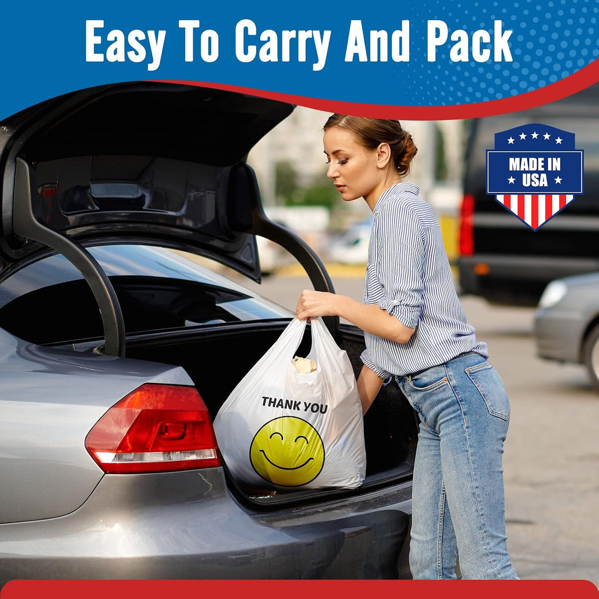 Plastic Bags Thank You Shopping Grocery T-Shirt Bag with Handles | 11.5 x 6.5 x 21" Take Out, To Go, Retail, Restaurants, Store Bags for Small Business in Bulk White (Made in USA)