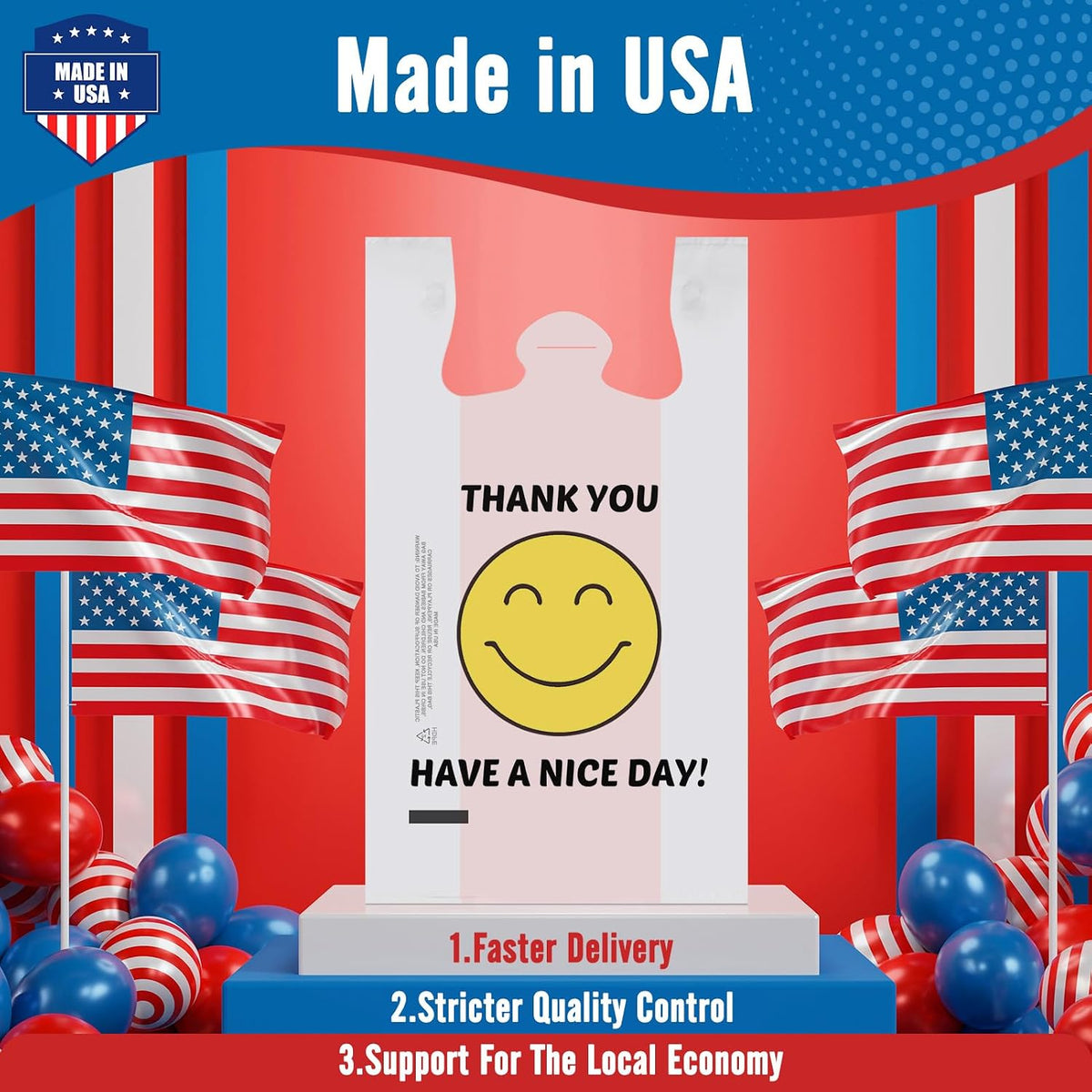 Plastic Bags Thank You Shopping Grocery T-Shirt Bag with Handles | 11.5 x 6.5 x 21" Take Out, To Go, Retail, Restaurants, Store Bags for Small Business in Bulk White (Made in USA)