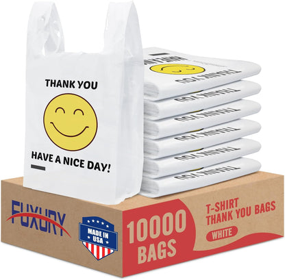Plastic Bags Thank You Shopping Grocery T-Shirt Bag with Handles | 11.5 x 6.5 x 21" Take Out, To Go, Retail, Restaurants, Store Bags for Small Business in Bulk White (Made in USA)