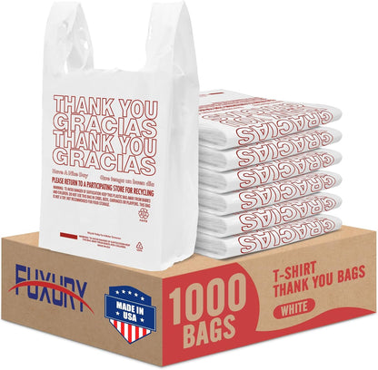 Plastic Bags Thank You Shopping Grocery T-Shirt Bag with Handles | 11.5 x 6.5 x 21" Take Out, To Go, Retail, Restaurants, Store Bags for Small Business in Bulk White (Made in USA)