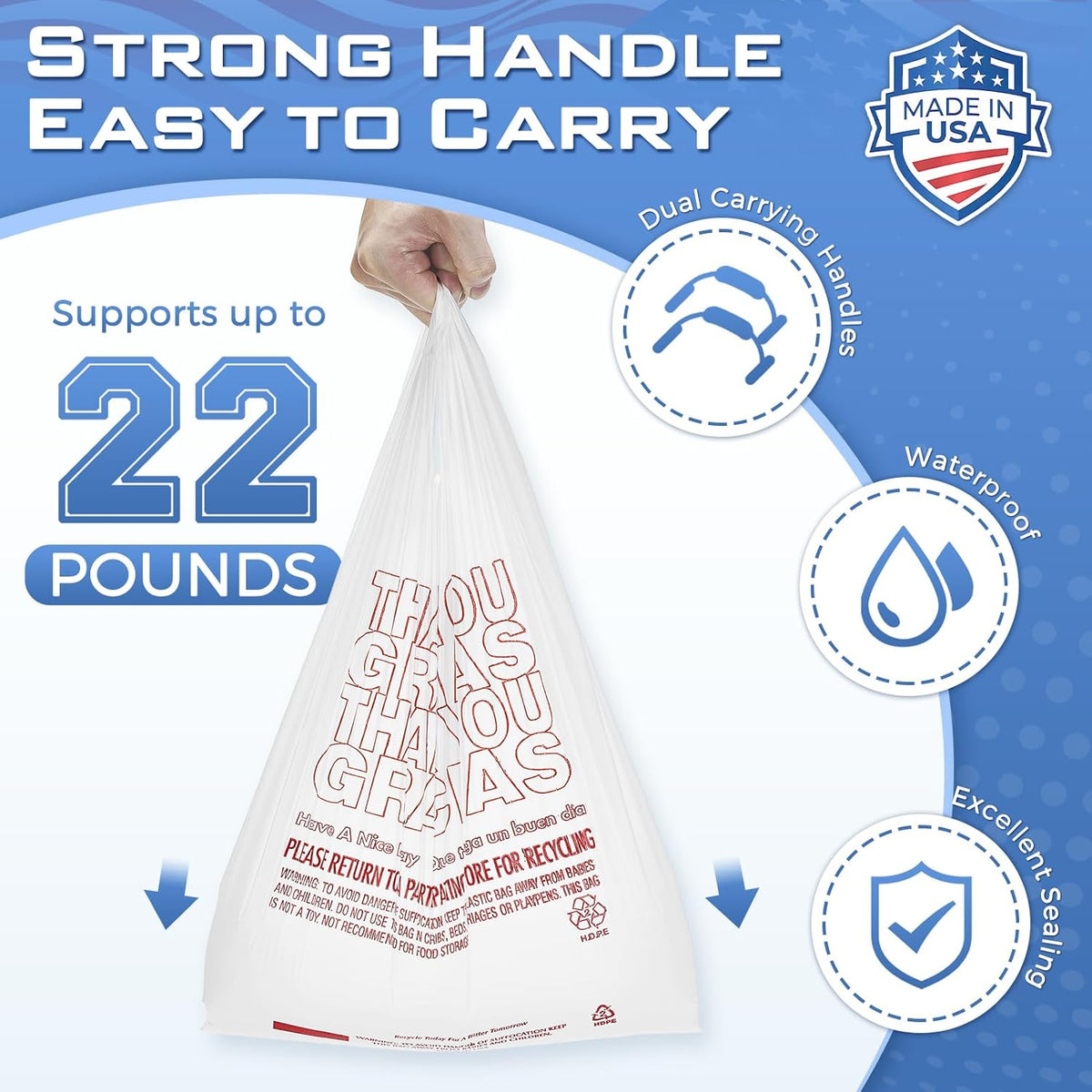 Plastic Bags Thank You Shopping Grocery T-Shirt Bag with Handles | 11.5 x 6.5 x 21" Take Out, To Go, Retail, Restaurants, Store Bags for Small Business in Bulk White (Made in USA)