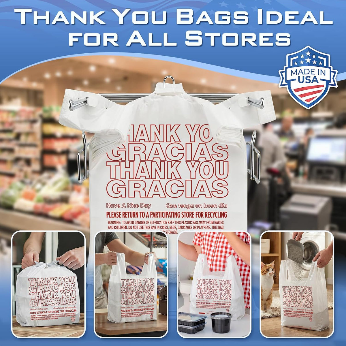 Plastic Bags Thank You Shopping Grocery T-Shirt Bag with Handles | 11.5 x 6.5 x 21" Take Out, To Go, Retail, Restaurants, Store Bags for Small Business in Bulk White (Made in USA)