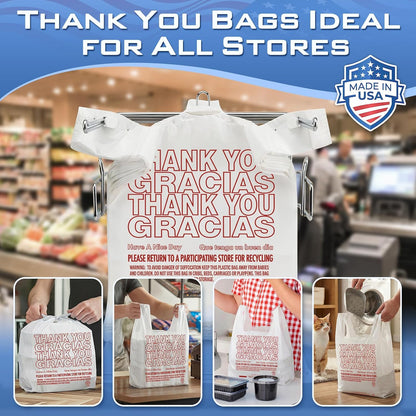 Plastic Bags Thank You Shopping Grocery T-Shirt Bag with Handles | 11.5 x 6.5 x 21" Take Out, To Go, Retail, Restaurants, Store Bags for Small Business in Bulk White (Made in USA)