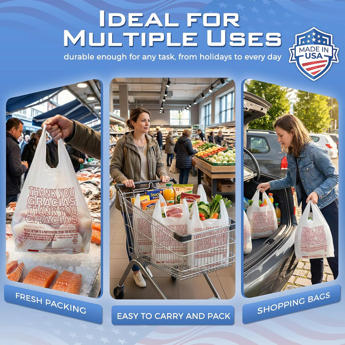 Plastic Bags Thank You Shopping Grocery T-Shirt Bag with Handles | 11.5 x 6.5 x 21" Take Out, To Go, Retail, Restaurants, Store Bags for Small Business in Bulk White (Made in USA)