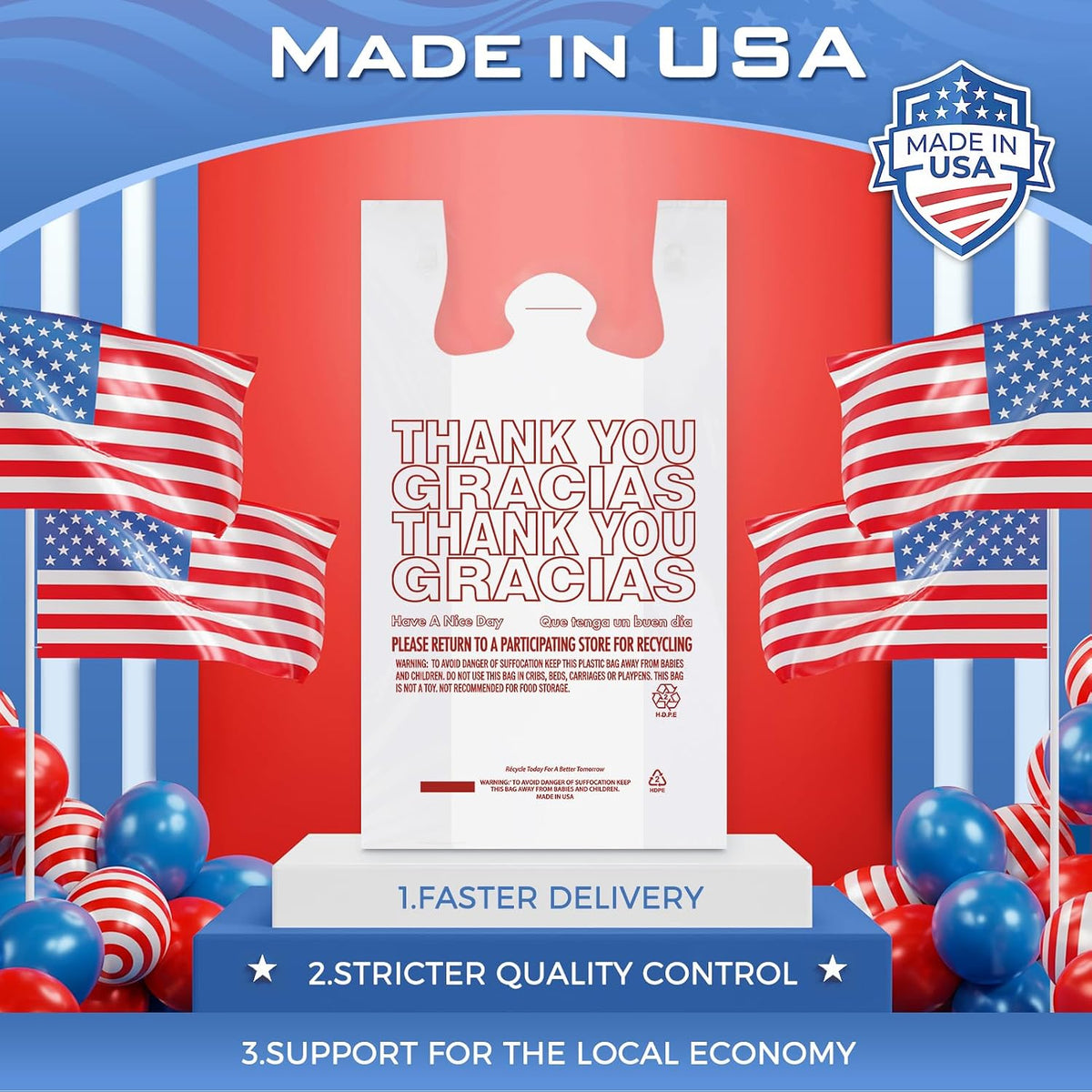 Plastic Bags Thank You Shopping Grocery T-Shirt Bag with Handles | 11.5 x 6.5 x 21" Take Out, To Go, Retail, Restaurants, Store Bags for Small Business in Bulk White (Made in USA)
