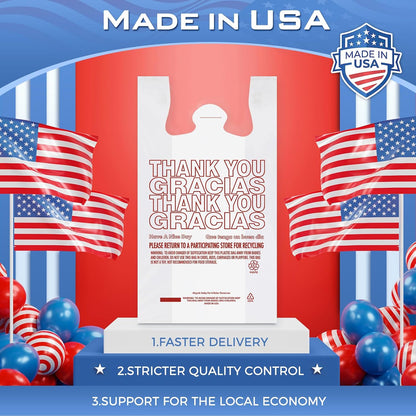 Plastic Bags Thank You Shopping Grocery T-Shirt Bag with Handles | 11.5 x 6.5 x 21" Take Out, To Go, Retail, Restaurants, Store Bags for Small Business in Bulk White (Made in USA)