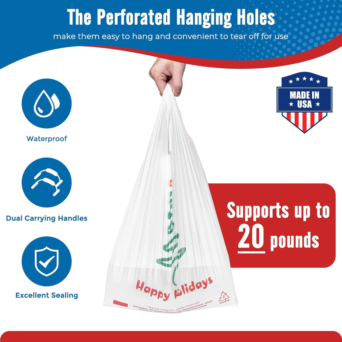 Plastic Bags Thank You Shopping Grocery T-Shirt Bag with Handles | 11.5 x 6.5 x 21" Take Out, To Go, Retail, Restaurants, Store Bags for Small Business in Bulk White (Made in USA)