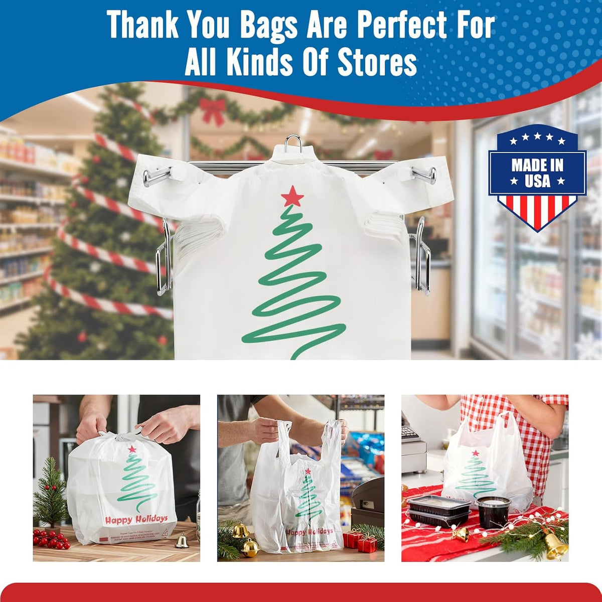 Plastic Bags Thank You Shopping Grocery T-Shirt Bag with Handles | 11.5 x 6.5 x 21" Take Out, To Go, Retail, Restaurants, Store Bags for Small Business in Bulk White (Made in USA)