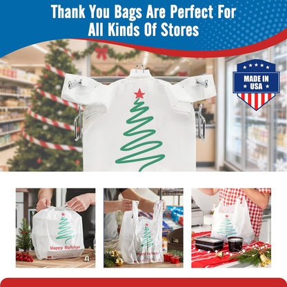 Plastic Bags Thank You Shopping Grocery T-Shirt Bag with Handles | 11.5 x 6.5 x 21" Take Out, To Go, Retail, Restaurants, Store Bags for Small Business in Bulk White (Made in USA)