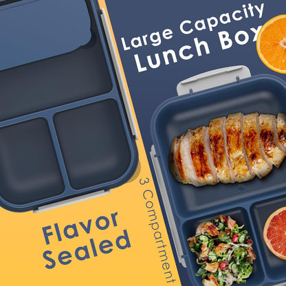 Large Capacity Bento Box for Adult, 1700ML 3 Compartments Lunch Box with Utensil, Airtight Food Container with Lids for Meal Prep, Microwave/Dishwasher/Freezer Safe, On the Go (Dark Blue)