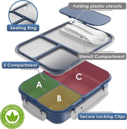 Large Capacity Bento Box for Adult, 1700ML 3 Compartments Lunch Box with Utensil, Airtight Food Container with Lids for Meal Prep, Microwave/Dishwasher/Freezer Safe, On the Go (Dark Blue)