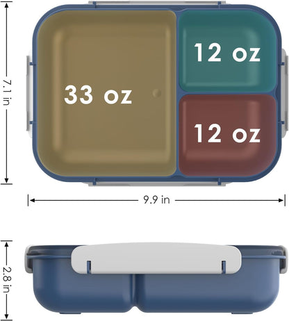 Large Capacity Bento Box for Adult, 1700ML 3 Compartments Lunch Box with Utensil, Airtight Food Container with Lids for Meal Prep, Microwave/Dishwasher/Freezer Safe, On the Go (Dark Blue)