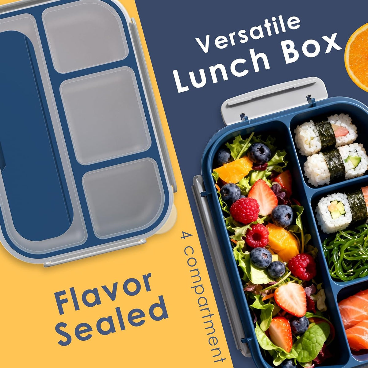 Large Capacity Bento Box for Adult, 1700ML 3 Compartments Lunch Box with Utensil, Airtight Food Container with Lids for Meal Prep, Microwave/Dishwasher/Freezer Safe, On the Go (Dark Blue)